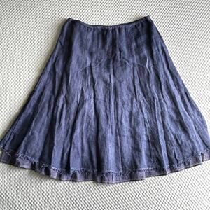 Eileen Fisher Tiered Linen Skirt M Blue Raw Fringe Hem Women's Circle A Line